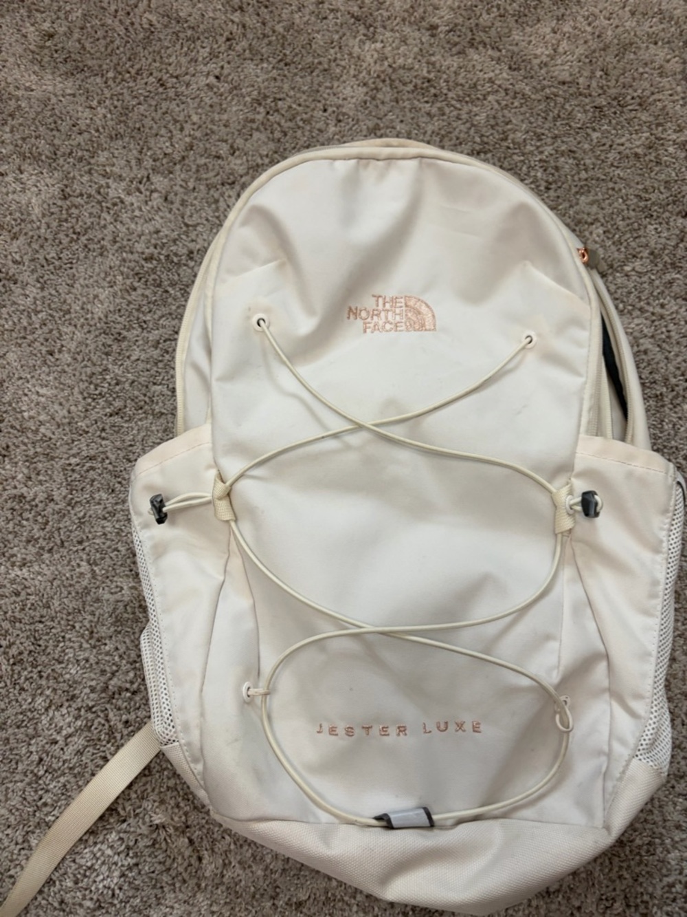 The North Face Cream Jester Luxe Backpack with Rose Gold Logo